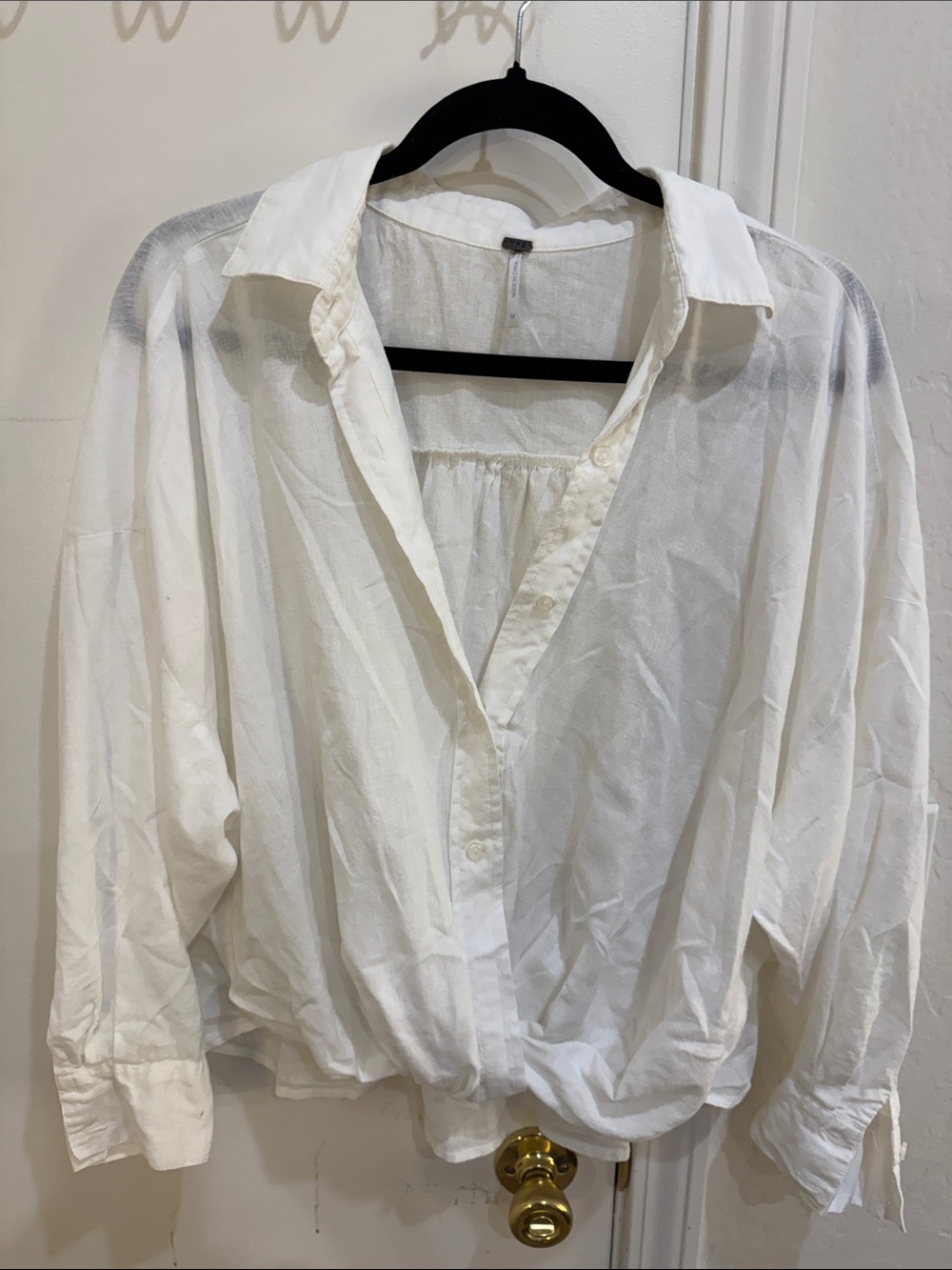 Women's White Button-Down Blouse with Gathered Hem